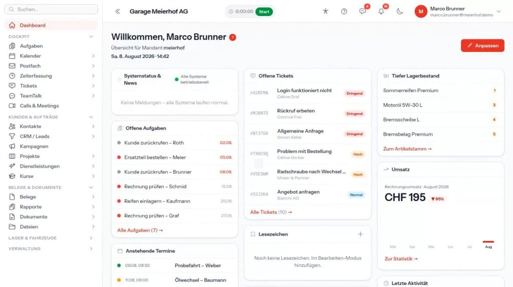 Das Dashboard der ambera Business App